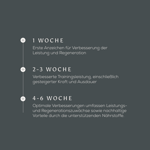 1 woche, Erste Anzeichen für Verbesserung der Leistung und Regeneration, 2-3 woche, Verbesserte Trainingsleistung, einschließlich gesteigerter Kraft und Ausdauer, 4-6 woche, Optimale Verbesserungen umfassen Leistungs-und Regenerationszuwächse sowie nachhaltige Vorteile durch die unterstützenden Nährstoffe.