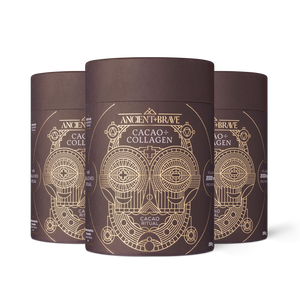 Three tubs of Ancient + Brave 'Cacao + Collagen' on a white background