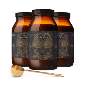 Three jars of Ancient + Brave ‘True Collagen’ accompanied by a gold ritual scoop on a white background