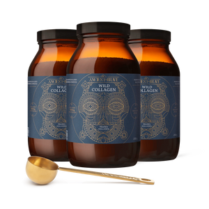 Three jars of Ancient + Brave ‘Wild Collagen’ accompanied by a gold ritual scoop on a white background