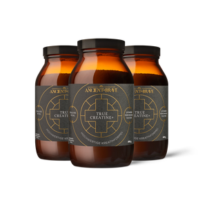Three jars of Ancient + Brave 'True Creatine+' on a white background