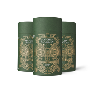 Three tubs of Ancient + Brave 'Matcha + Collagen' on a white background